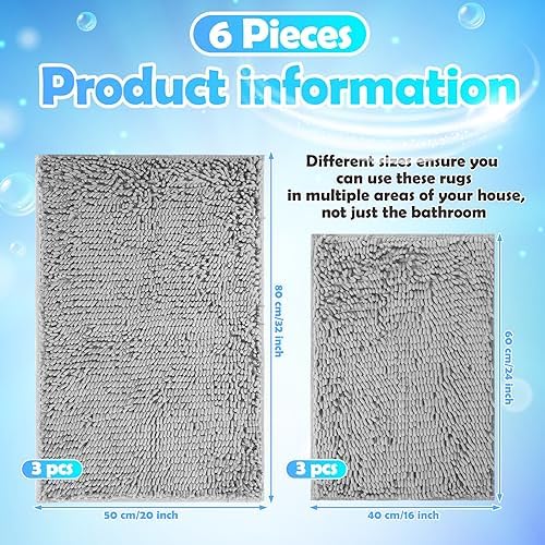 Drydiet 6 Pcs Chenille Bathroom Rugs Non Slip Bath Mats Set, Grey