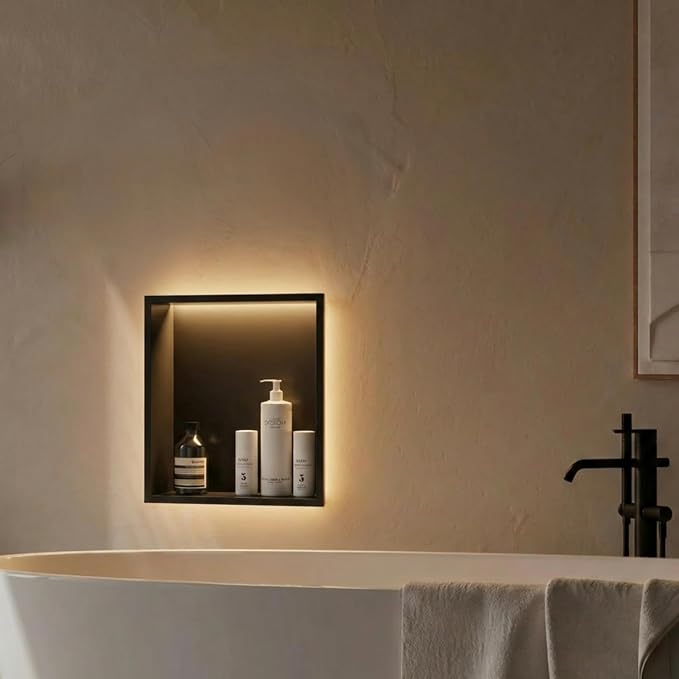 304 Stainless Steel LED Recessed Black Shower Niche 12"x12" Wall-Inserted | Waterproof Rustproof Bathroom Shower Niche Insert No Tile Needed, for Shower & Bathroom Storage
