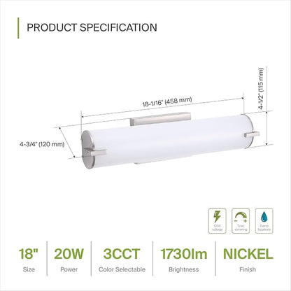 ASD LED 18" Vanity Wall Mount Light Fixture, Linear Bathroom Lighting Bar | 3CCT, Dimmable, Energy Star, ETL Listed | 20W 1500LM 3000-5000K 120V | Long Tube Bath Sconce Over Mirror | Nickel, 4 Pack