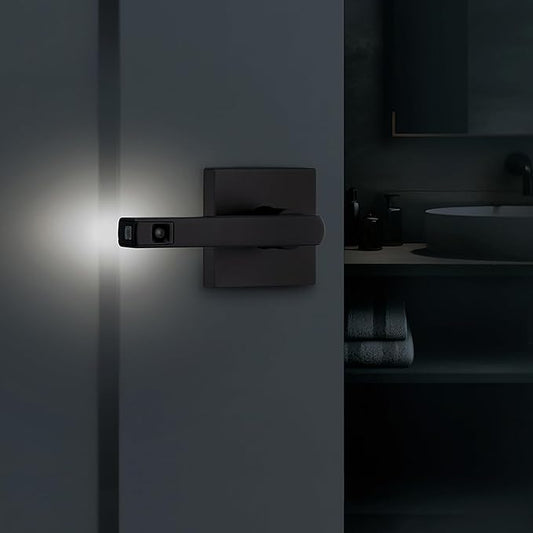 Kwikset Halifax LED Motion Activated Light Up Privacy Door Lever for Bathroom and Bedroom, Matte Black, Reversible Keyless Push Button Lock Door Lever, with Microban Protection