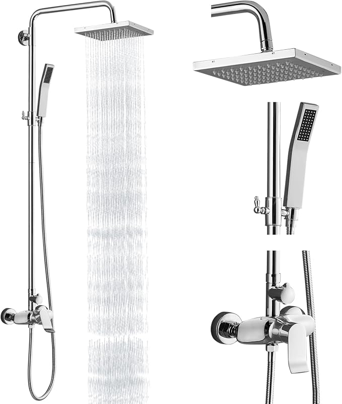 Polish Chrome Exposed Shower System 2 Functional Bathroom Shower Set 8 Inch Square Rainfall Shower Head with Hand Sprayer Wall Mounted | 2-function design with rainfall shower head, handheld shower, adjustable-height slide bar and exposed wall-mount valve