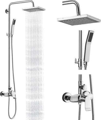 Polish Chrome Exposed Shower System 2 Functional Bathroom Shower Set 8 Inch Square Rainfall Shower Head with Hand Sprayer Wall Mounted | 2-function design with rainfall shower head, handheld shower, adjustable-height slide bar and exposed wall-mount valve