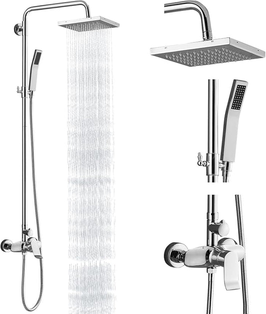 Polish Chrome Exposed Shower System 2 Functional Bathroom Shower Set 8 Inch Square Rainfall Shower Head with Hand Sprayer Wall Mounted | 2-function design with rainfall shower head, handheld shower, adjustable-height slide bar and exposed wall-mount valve