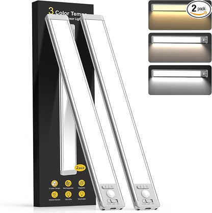 14.7inch Under Cabinet Lighting with 3 Color Temps, 2 Pack Rechargeable Motion Sensor Light Indoor, 5 Levels Dimmable Magnetic Closet Lights, Wireless Under Counter Lights for Kitchen, Stairs