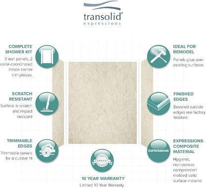Transolid EWK603672-44 Expressions 3-Panel Shower Wall Kit, 36-in L x 60-in W x 72-in H, Sea Fog