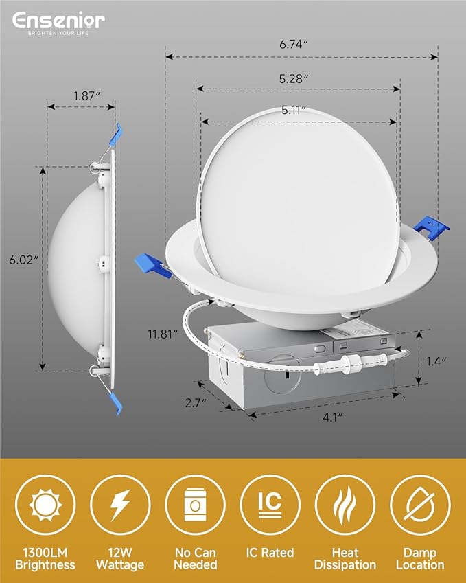 Ensenior 6 Pack 6 inch 5CCT LED Eyeball Recessed Lighting, 360°+90° Rotatable, Dimmable Gimbal Recessed Lights, CRI90+, Canless Angled Adjustable Ceiling Downlight, 1300LM, 12W=115W, 120V - ETL&FCC