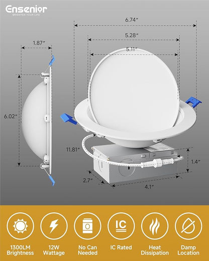 Ensenior 6 Pack 6 inch 5CCT LED Eyeball Recessed Lighting, 360°+90° Rotatable, Dimmable Gimbal Recessed Lights, CRI90+, Canless Angled Adjustable Ceiling Downlight, 1300LM, 12W=115W, 120V - ETL&FCC