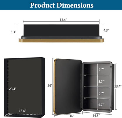 16’’x26’’ Medicine Cabinet,Metal Framed Medicine Cabinet Mirror with Round Corner,Recessed and Surface Mount Bathroom Mirror with Storage, Removeable Shelves,Gold