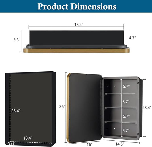 16’’x26’’ Medicine Cabinet,Metal Framed Medicine Cabinet Mirror with Round Corner,Recessed and Surface Mount Bathroom Mirror with Storage, Removeable Shelves,Gold