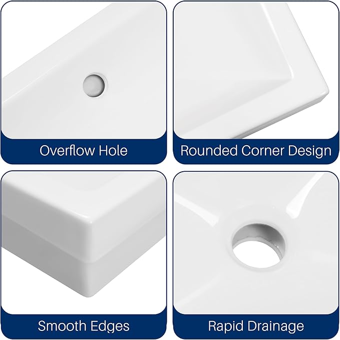 Enbol 20.6" x 14.7" Drop in Bathroom Sink Rectangle Vessel Sink Self-rimming Top Mount Bathroom Sink White Ceramic Lavatory Vanity with Overflow O2014-2