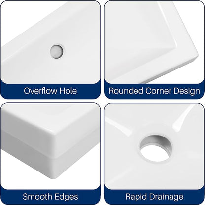 Enbol 20.6" x 14.7" Drop in Bathroom Sink Rectangle Vessel Sink Self-rimming Top Mount Bathroom Sink White Ceramic Lavatory Vanity with Overflow O2014-2