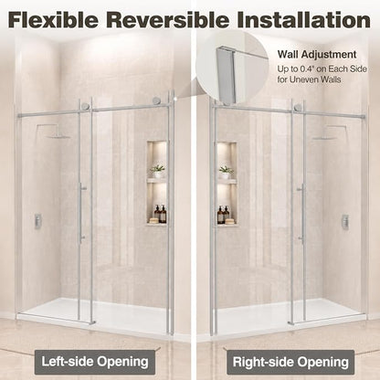 60" W x 73" H Single Sliding Glass Shower Door, Chrome Finish | Frameless Water Repellent Bypasss Walk-in Bathroom Door, 5/16" (8mm) SGCC Tempered with Explosion-Proof Film, Nano Coating