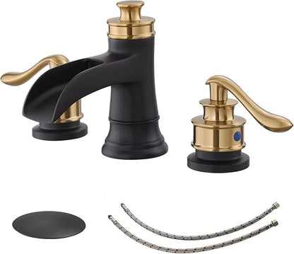 BWE Widespread Bathroom Faucet 3 Hole Black and Gold 8 Inch Two Handles Commercial Bathroom Sink Faucet with Brass Pop Up Drain Stopper and Supply Lines Bath Vanity Lavatory Mixer Tap
