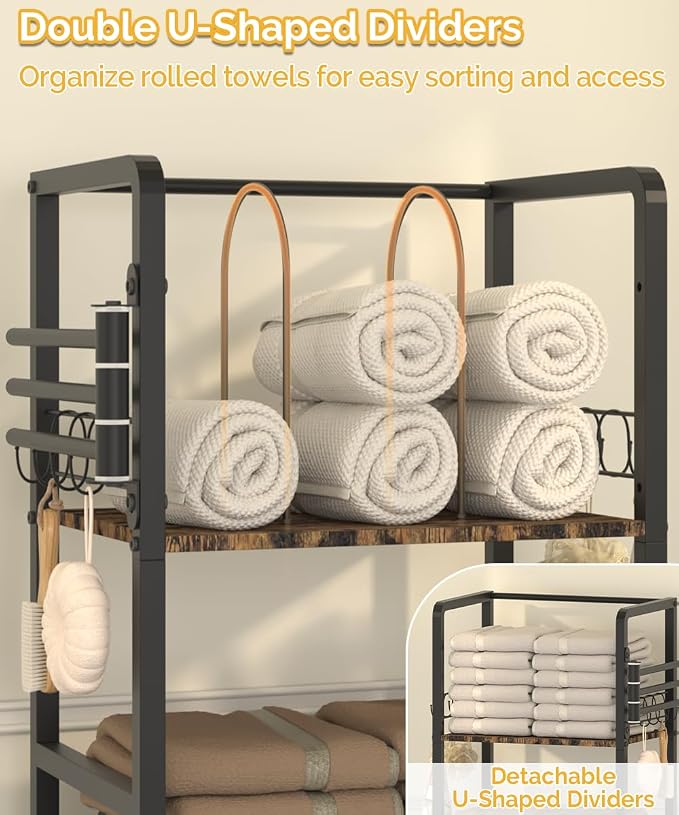 Mondazie Towel Racks for Bathroom Storage Shelves Free Standing, Black | 3-Tier Bathroom Towel Rack with 3 Rotating Bars, Pool Towel Holder Stand with Detachable Dividers & 8 Hooks for Poolside