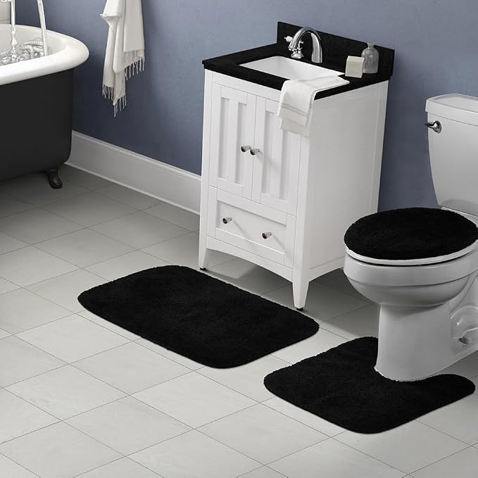 Garland Rug Traditional Nylon Washable Black 3 Piece Set - Lid, Contour, Bath Rug - Soft, Absorbent, and Stylish for Your Bathroom