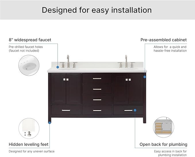 ARIEL Cambridge 66-inch Bathroom Vanity with Sink,Solid Wood, 1.5-inch Pure White Quartz Countertop & Backsplash, Double Oval Porcelain Sink, 4 Soft Closing Doors, 6 Dovetail Drawers, Espresso
