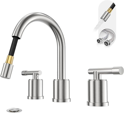 Phiestina Pull Out Brushed Nickel Bathroom Sink Faucet 8 inch - 3 Hole Pull-Down Sprayer Bathroom Faucet, Metal Pop-Up Drain, Water Supply Lines, 2 Handles for 3-Hole Sinks,WFZY01CL-BN