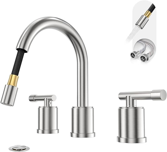 Phiestina Pull Out Brushed Nickel Bathroom Sink Faucet 8 inch - 3 Hole Pull-Down Sprayer Bathroom Faucet, Metal Pop-Up Drain, Water Supply Lines, 2 Handles for 3-Hole Sinks,WFZY01CL-BN
