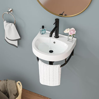 Sarlai Wall Hung Bathroom Vessel Sink with Towel Rack,16x14 Inch Wall Mounted Rectangle Ceramic Small Bathroom Sink White Mini Wash Modern Vanity Floating Basin