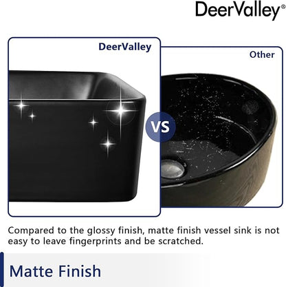 DeerValley Ally 19x15 Inch Matte Black Rectangular Vessel Sink, Above Counter Ceramic Bathroom Basin, DV-2V031
