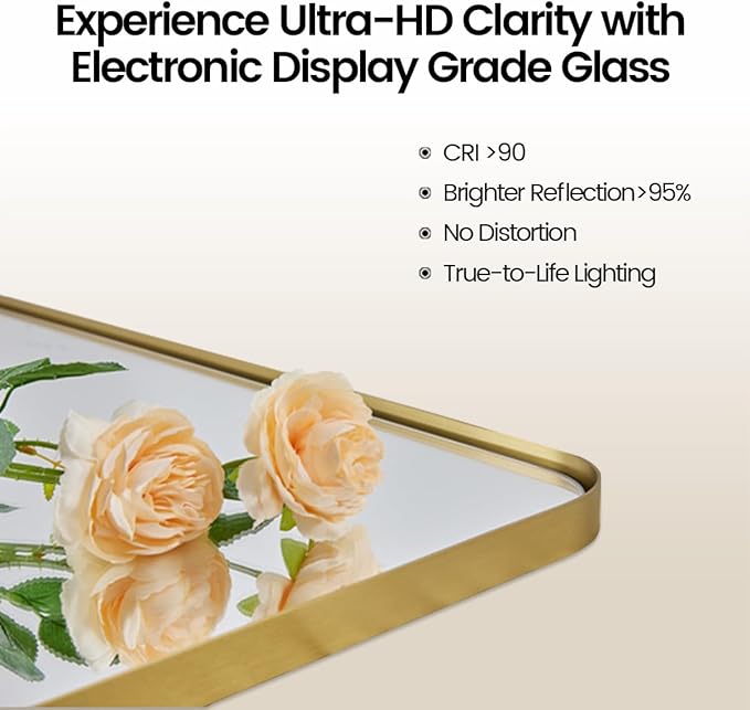 30"x48" Brass Gold Bathroom Mirror, Large Wall Mirror for Bathroom, Rounded Rectangle Mirror in Premium Stainless Steel Metal Frame Hangs Horizontal Or Vertical (Brushed Gold)