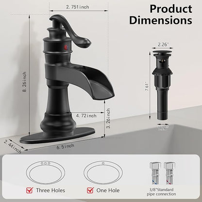 Matte Black Bathroom Faucet Waterfall Single Hole Bathroom Sink Faucet | Brass Single Handle Farmhouse RV Lavatory Vanity Faucet with Overflow Pop Up Drain by BATHLAVISH