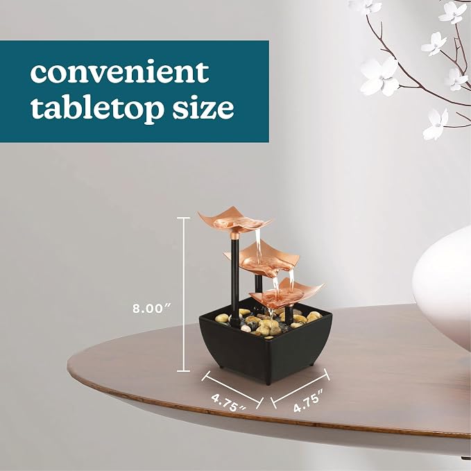 Homedics Tabletop Water Fountain, 3 Tier Indoor Waterfall Fountain | with Natural River Rocks, Quiet Pump for Relaxation, Zen Home & Office Desk Décor, AA Battery Powered