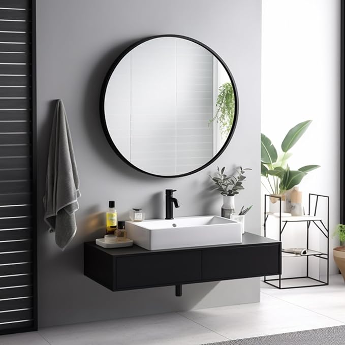Round Mirror 28 inch, Round Black Mirror, Matte Black Metal Frame | High Definition Mirror, Rust-resistant, Easy Installation, Circular Mirrors for Living room Bedroom, Entrance, Restroom