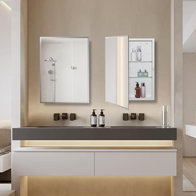 Bathroom Medicine Cabinet with Beveled Edge Mirrored Door 30 x 26 inch, Recessed or Surface Mount, with Adjustable Glass Shelves