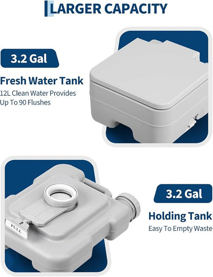 Garvee Portable Travel Toilet, T Outlet Water, RV Potty | 3.2 Gal Waste Water Tank & 3.2 Gal Flush Tank, Indoor Outdoor Push-Button Pressurized Flush Commode for Camping Boating