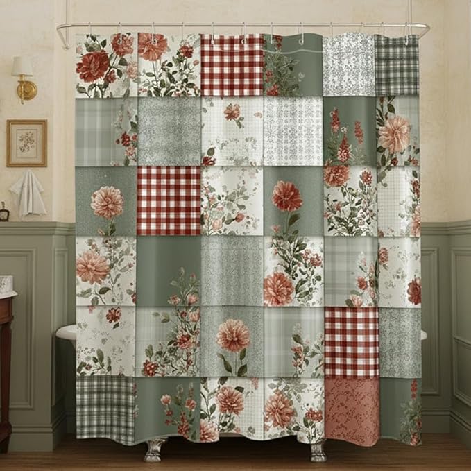 Farmhouse Country Patchwork Shower Curtain for Bathroom Boho Floral Plaid Vintage Rustic Cottagecore Bathroom Decor Pink Green Flower Fabric Bath Curtain with 12 Hooks, 72x72 Inch