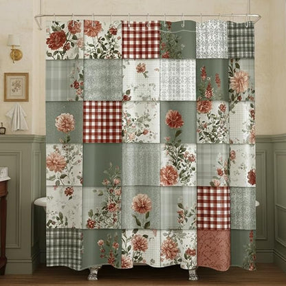 Farmhouse Country Patchwork Shower Curtain for Bathroom Boho Floral Plaid Vintage Rustic Cottagecore Bathroom Decor Pink Green Flower Fabric Bath Curtain with 12 Hooks, 72x72 Inch