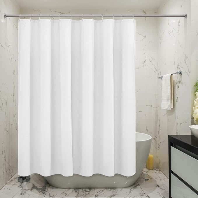 Embossed Microfiber Long Shower Curtain Liner 71 x 75, White | Machine Washable, Bottom Magnets, Water Repellent, 71x75 Inches Soft Fabric Shower Curtain for Bathroom