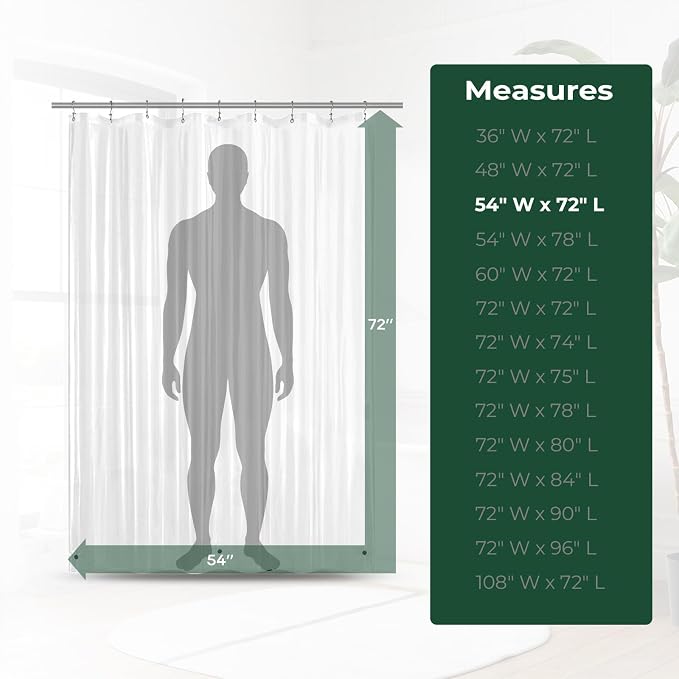Clear Shower Curtain Liner with Side Suction Cups, Premium PEVA Plastic Shower Liner with 3 Magnets, Waterproof Bathroom Curtain, 54 x 72, Clear