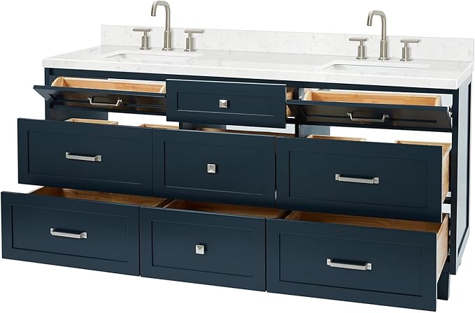 ARIEL Monroe 72-inch Bathroom Vanity with Sink,Solid Wood, 1.5-inch Carrara White Quartz Countertop & Backsplash, Double Oval Porcelain Sink, 9 Dovetail Drawers, Brushed Nickel, Midnight Blue