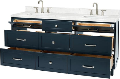 ARIEL Monroe 72-inch Bathroom Vanity with Sink,Solid Wood, 1.5-inch Carrara White Quartz Countertop & Backsplash, Double Oval Porcelain Sink, 9 Dovetail Drawers, Brushed Nickel, Midnight Blue