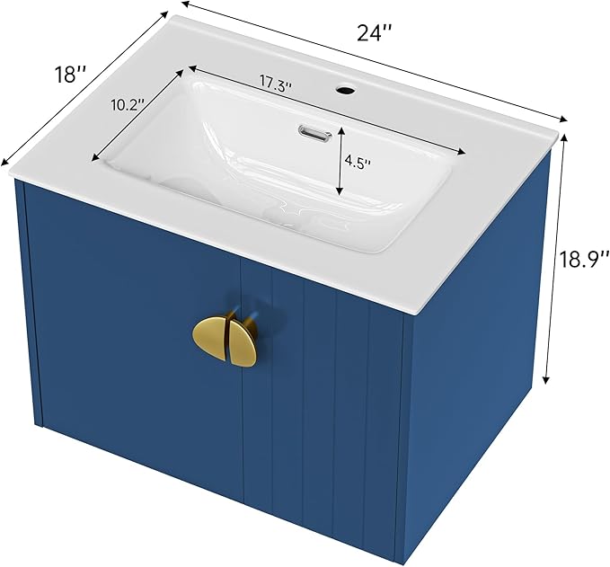24" Bathroom Vanities Cabinet with Sink Combo, Wall Mounted Floating Storage Cabinet Modern with Ceramic Sink,Soft-Close System, 2 Doors & Metal Handles, Blue