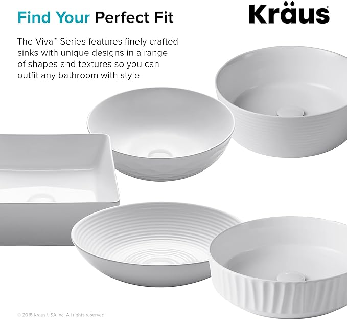 KRAUS Viva™ Round White Porcelain Ceramic Vessel Bathroom Sink, 16 1/2 in. D x 5 1/2 in. H, KCV-200GWH
