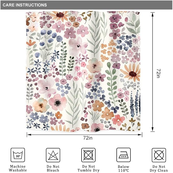 Cute Floral Flower Watercolor Spring Botanical Bathroom Shower Curtain Set | 72"W x 72"H Rustic Plant; waterproof HD print, quick-dry fabric with 12 hooks for easy hanging.