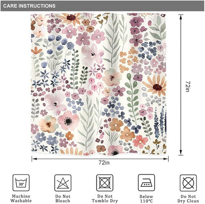 Cute Floral Flower Watercolor Spring Botanical Bathroom Shower Curtain Set | 72"W x 72"H Rustic Plant; waterproof HD print, quick-dry fabric with 12 hooks for easy hanging.