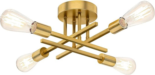 Gold Semi Flush Mount Ceiling Light Fixture, 4-Light Modern Industrial Sputnik Chandelier Light Fixture, Flush Mount Ceiling Lamp for Kitchen Bedroom Living Room Dining Room Closet, E26 Bulb Sockets