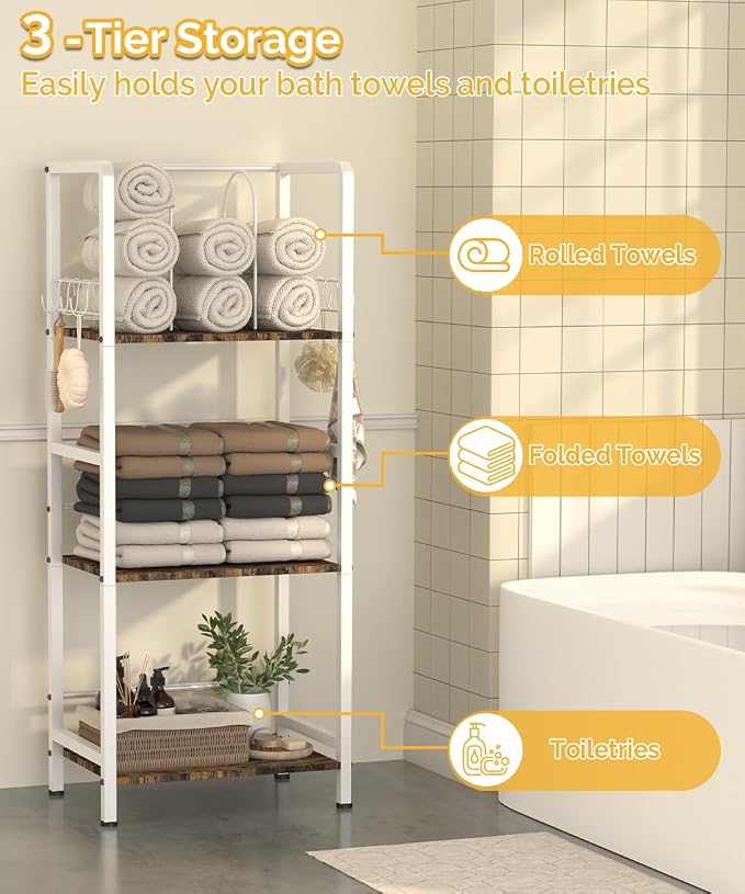 Mondazie Towel Racks for Bathroom Storage Shelves Free Standing, White | 3-Tier Bathroom Towel Rack with Detachable Dividers, Pool Towel Holder Stand with 8 Hooks, Bath Towel Organizer for Poolside
