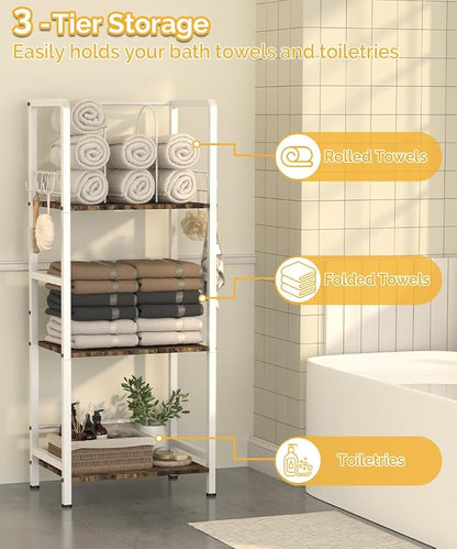 Mondazie Towel Racks for Bathroom Storage Shelves Free Standing, White | 3-Tier Bathroom Towel Rack with Detachable Dividers, Pool Towel Holder Stand with 8 Hooks, Bath Towel Organizer for Poolside