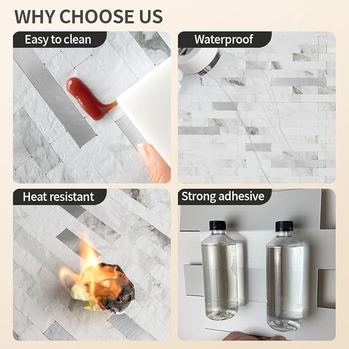 DICOFUN 2 Sheets White Marble Peel and Stick Backsplash Tile, Faux Stone PVC Mixed Metal Stick on Backsplash Kitchen Wall Tiles