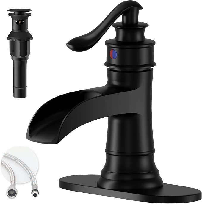 Matte Black Waterfall Bathroom Faucet Single Handle Bathroom Sink Faucet | 1 Hole or 3 Hole Sink Brass Waterfall Faucet for Vintage Antique Lavatory Washroom with Pop Up Drain Deck Plate by BATHLAVISH