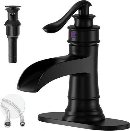 Matte Black Waterfall Bathroom Faucet Single Handle Bathroom Sink Faucet | 1 Hole or 3 Hole Sink Brass Waterfall Faucet for Vintage Antique Lavatory Washroom with Pop Up Drain Deck Plate by BATHLAVISH