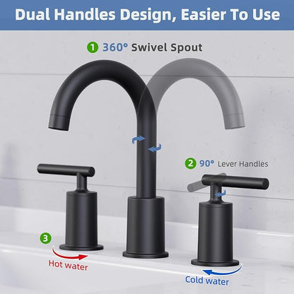 VXV Matte Black Bathroom Faucet 3 Hole Widespread with Easy Installation, 2-Handle 8 Inch Bathroom Sink Faucet 360° Swivel Spout, Pre-Attached Hoses & Drain Included, Vanity Faucet for Bath Sink