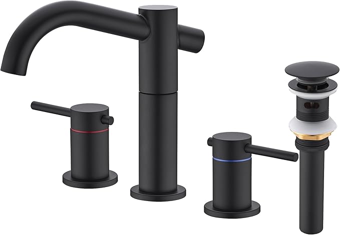 Black Bathroom Faucet 3-Hole, 2-Handle 8 Inch Widespread Matte Black Bathroom Sink Faucet with 360° Swivel Crossing Spout, with Metal Overflow Drain & cUPC Waterline