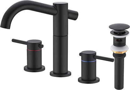 Black Bathroom Faucet 3-Hole, 2-Handle 8 Inch Widespread Matte Black Bathroom Sink Faucet with 360° Swivel Crossing Spout, with Metal Overflow Drain & cUPC Waterline