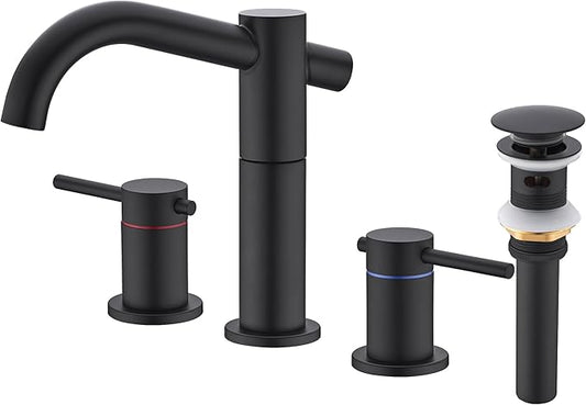 Black Bathroom Faucet 3-Hole, 2-Handle 8 Inch Widespread Matte Black Bathroom Sink Faucet with 360° Swivel Crossing Spout, with Metal Overflow Drain & cUPC Waterline